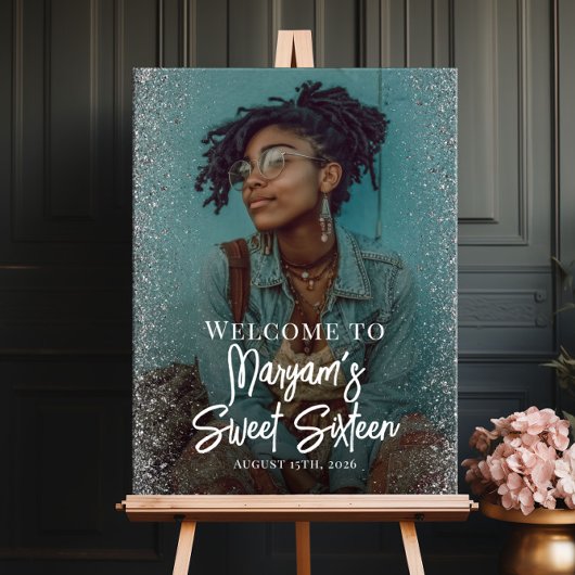 Welkomstbord van zestien partijen met foto poster