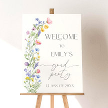 Welkomstbord voor afstudeerfeest met wilde bloemen