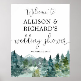 Welkomstbord voor bruidsfeest in de rustieke berge poster