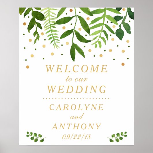 Welkomstbord voor Chic Greenery en Gold Foil Weddi Poster (Voorkant)