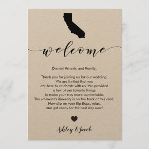 Welkomstbrief en reiskaart voor Californië-bruilof Programmakaart