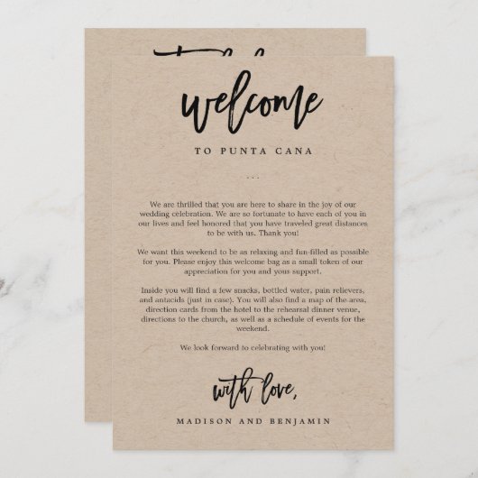 Welkomstbrief en Reisplan Huwelijksontvangsttas Programmakaart (Voorkant / Achterkant)
