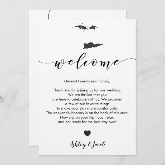 Welkomstbrief en reisroute op de Maagdeneilanden Programmakaart (Voorkant / Achterkant)