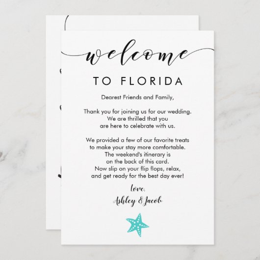 Welkomstbrief en reisroute van Starfish Wedding Programmakaart (Voorkant / Achterkant)