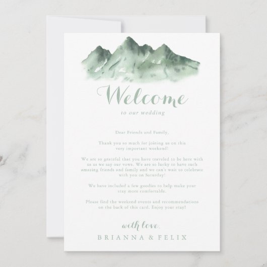 Welkomstbrief groene bergland bruiloft (Voorkant)