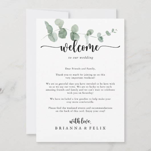 Welkomstbrief groene fijne eucalyptus bruiloft (Voorkant)
