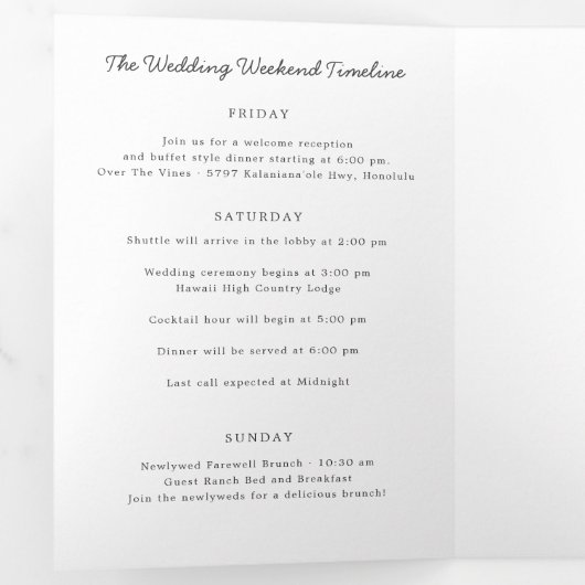 Welkomstbrief Hawaii Wedding & reisroute Drieluik Programma (Binnenzijde eerst)