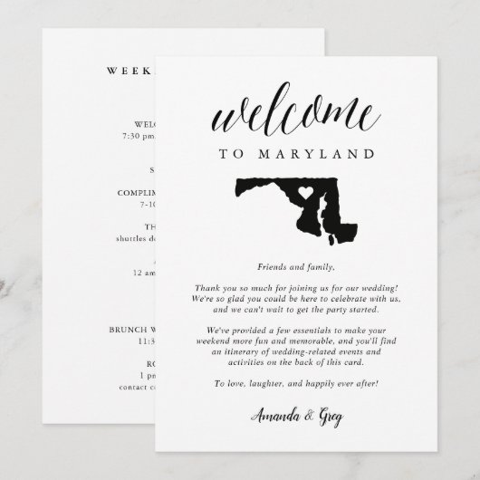 Welkomstbrief maryland Wedding & reisroute (Voorkant / Achterkant)