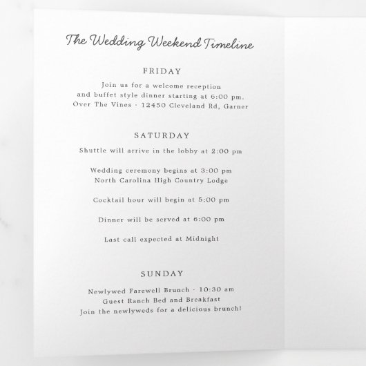 Welkomstbrief North Carolina Wedding & Itinerary Drieluik Programma (Binnenzijde eerst)