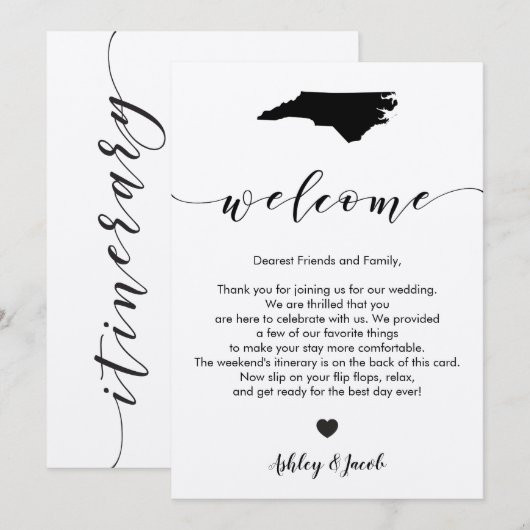 Welkomstbrief North Carolina Wedding & Itinerary Programmakaart (Voorkant / Achterkant)