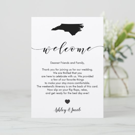 Welkomstbrief North Carolina Wedding & Itinerary Programmakaart (Staand voorkant)