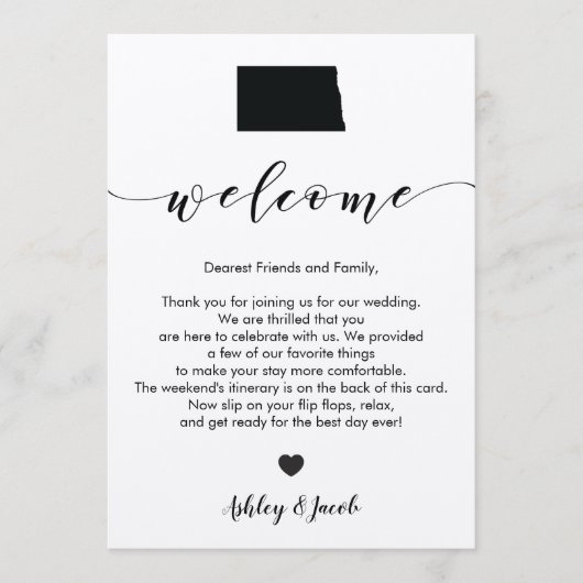 Welkomstbrief over het huwelijk in North Dakota en Programmakaart (Voorkant)