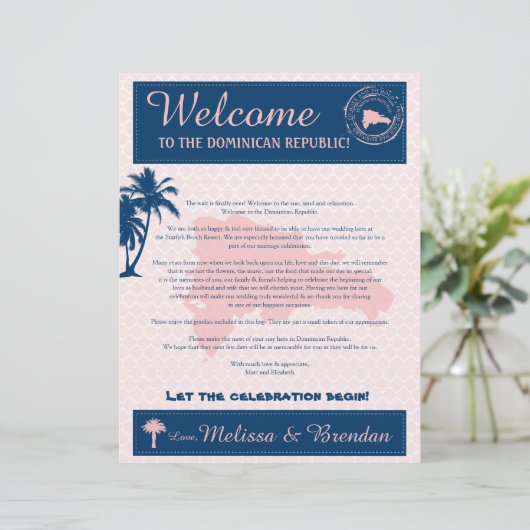Welkomstbrief roze & Navy Dominicaanse Republiek (Staand voorkant)