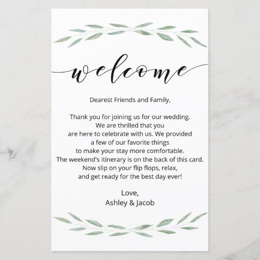 Welkomstbrief Sage Greenery Wedding, reisroute (Voorkant)