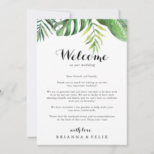 Welkomstbrief tropische groene bruiloft bestemming (Voorkant)