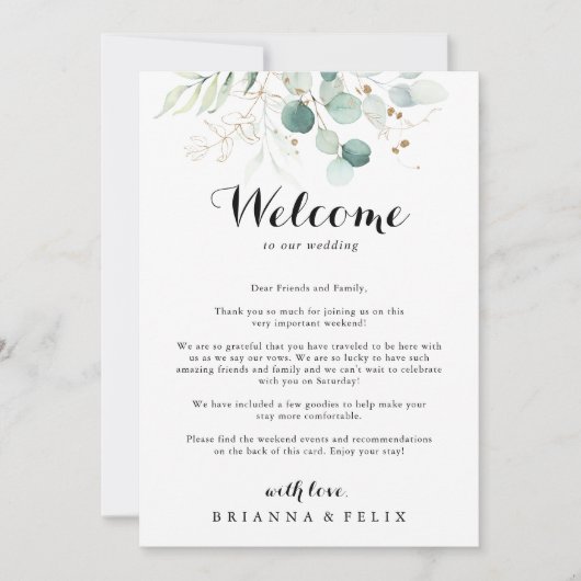 Welkomstbrief van de Rustic Eucalyptus Gold Weddin (Voorkant)
