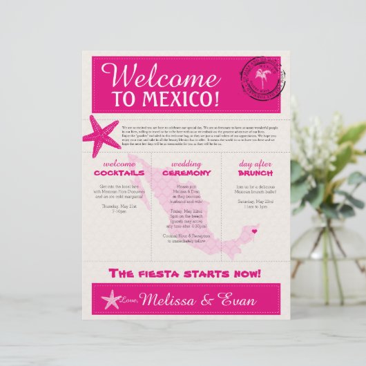 Welkomstbrief van hot-roze ivory Wedding voor Mexi (Staand voorkant)