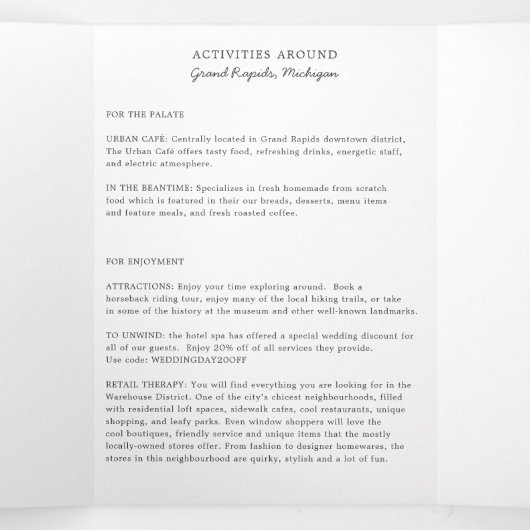 Welkomstbrief van Michigan Wedding & Itinerary Drieluik Programma (Binnenkant midden)