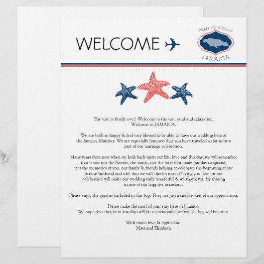 Welkomstbrief van Starfish Wedding voor Jamaica (Voorkant / Achterkant)