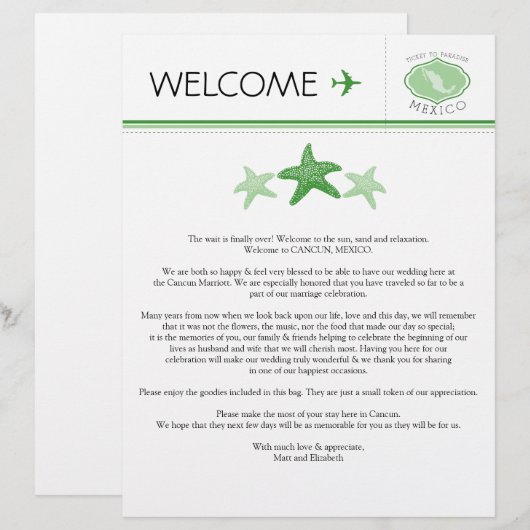 Welkomstbrief van Starfish Wedding voor Mexico (Voorkant / Achterkant)
