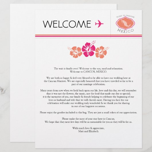 Welkomstbrief voor bruiloft in Mexico (Voorkant / Achterkant)