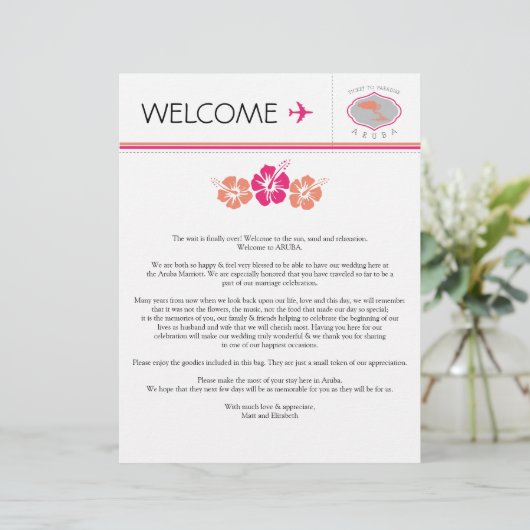 Welkomstbrief voor bruiloft voor Aruba (Staand voorkant)