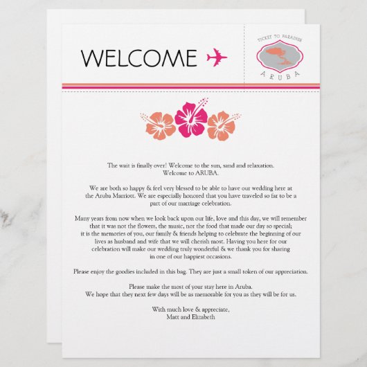 Welkomstbrief voor bruiloft voor Aruba (Voorkant / Achterkant)