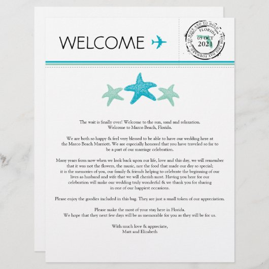 Welkomstbrief voor bruiloft voor Florida (Voorkant / Achterkant)