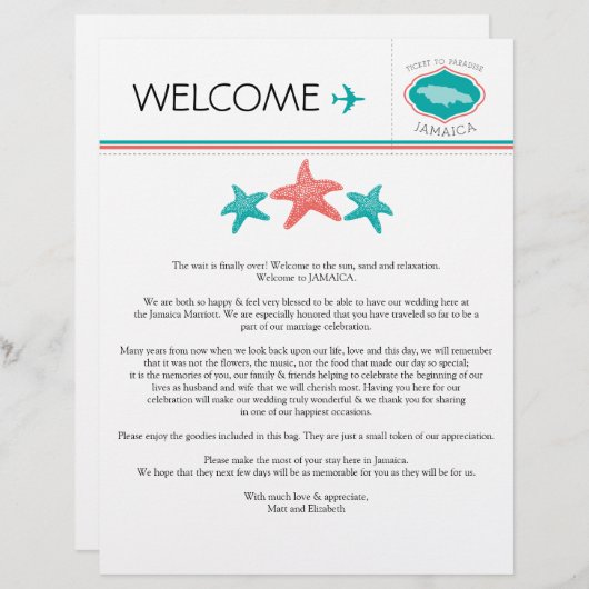 Welkomstbrief voor bruiloft voor Jamaica (Voorkant / Achterkant)