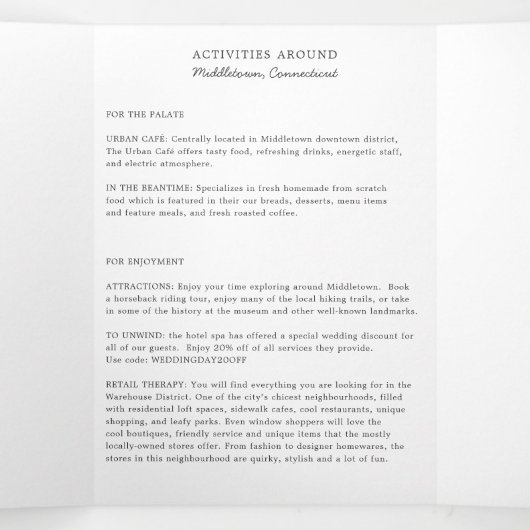 Welkomstbrief voor Connecticut Wedding en reisrout Drieluik Programma (Binnenkant midden)