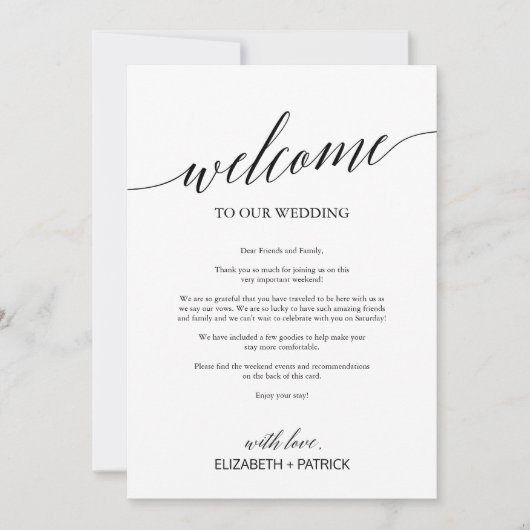 Welkomstbrief voor elegant Black Wedding en reisro (Voorkant)