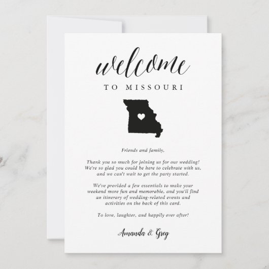 Welkomstbrief voor Missouri Wedding & Reisroute (Voorkant)