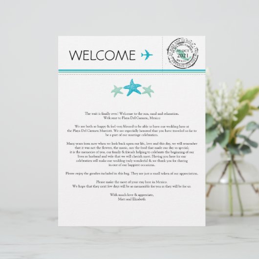 Welkomstbrief voor Playa del Carmen Mexico (Staand voorkant)