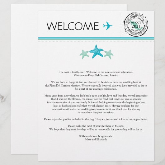 Welkomstbrief voor Playa del Carmen Mexico (Voorkant / Achterkant)