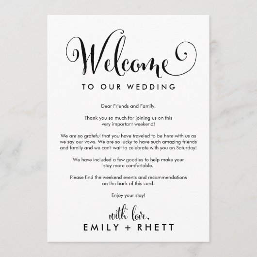 Welkomstbrief Zuidelijke Belle Wedding & reisroute Programmakaart (Voorkant)