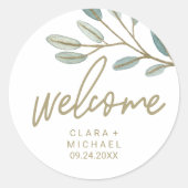 Welkomstbruiloft met gouden zegen Eucalyptus Ronde Sticker (Voorkant)