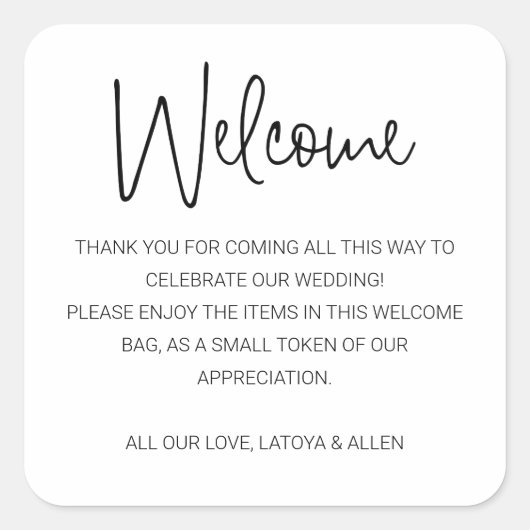 Welkomstcadeau voor moderne bruiloft vierkante sticker (Voorkant)