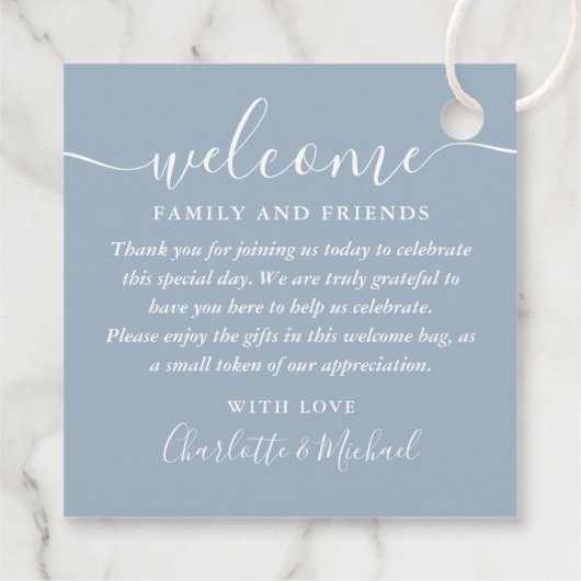 Welkomstcadeau voor usty Blue Script Weddenschap Bedankjes Labels (Achterkant)