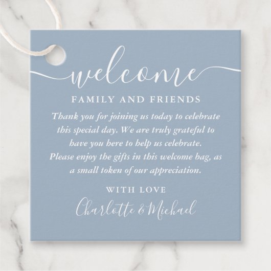 Welkomstcadeau voor usty Blue Script Weddenschap Bedankjes Labels (Voorkant)