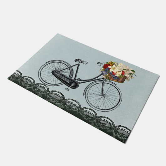 welkomstdeur - groene fiets met bloem deurmat (Schuin)
