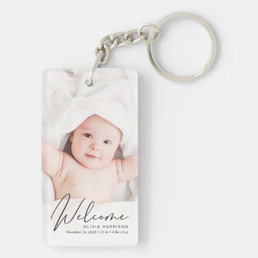 Welkomstfoto-script geboorteaankondiging sleutelhanger (achterkant)