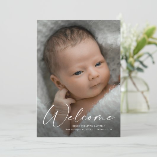 Welkomstfoto van Baby van modern script - Gegevens Bedankkaart (Staand voorkant)