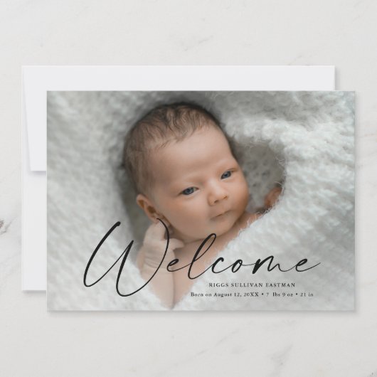 Welkomstfoto van Baby van modern script - Gegevens Bedankkaart (Voorkant)
