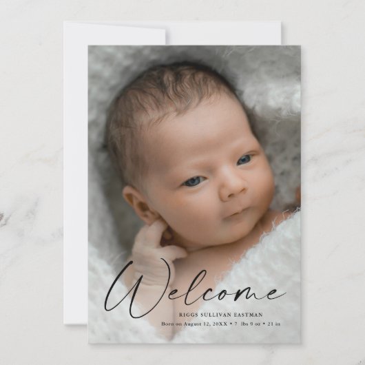 Welkomstfoto van Baby van modern script - Gegevens Bedankkaart (Voorkant)