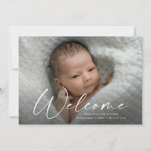 Welkomstfoto van Baby van modern script - Gegevens Bedankkaart (Voorkant)