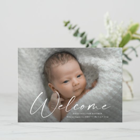 Welkomstfoto van Baby van modern script - Gegevens Bedankkaart (Staand voorkant)