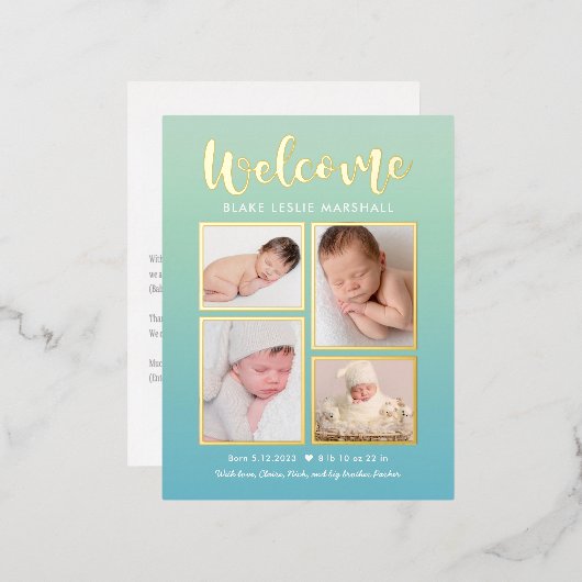 Welkomstgalerij Folie Geboorteaankondiging Briefka Folie Feestdagen Briefkaart (Voorkant / Achterkant)