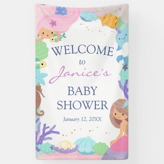 Welkomstgebanner kleine Mermaid Baby shower Spandoek (Verticaal)