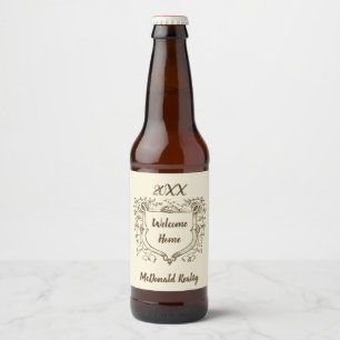 welkomstherder van onroerend goed met schild bier etiket