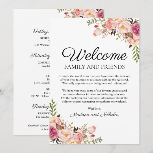 Welkomstkaarten voor Roze Floral Wedding Hotel Programmakaart (Voorkant / Achterkant)